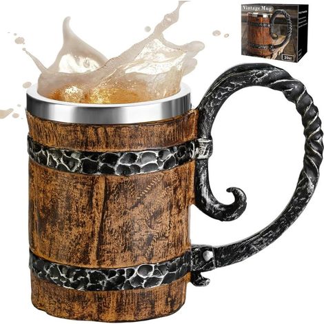 Wikinger-Bierkrug, Krug mit Henkel, 59 cl Edelstahl-Wikingerkrug, Kaffeekrug für die Bar, Wikinger-Bierkrug aus Holz/Herrenkrug, Wikinger-Deko-Accessoires (1/5)