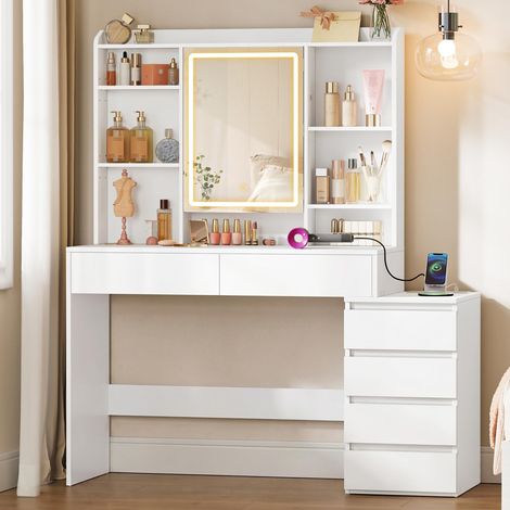 Coiffeuse avec Miroir LED, Luminosité Réglable, Multiprise, Table de Maquillage, 40 x 118,3 x 145 cm, Compartiments Ouverts, Étagères Réglables, Moderne, Blanc Nuage (1/5)