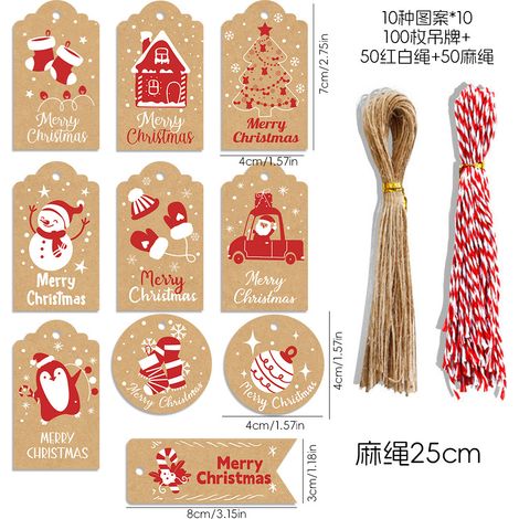 Étiquettes de Noël en papier kraft - 100 pièces avec 50 cordes chanvre naturel et 50 cordes rouge/blanc (1/2)