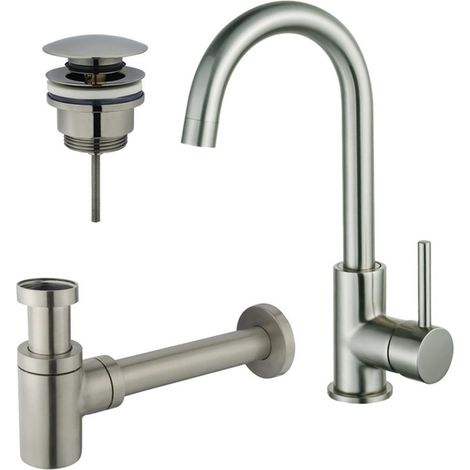 Fortifura Calvi Kit robinet lavabo - robinet haut - bec rotatif - bonde clic clac - siphon design bas - Inox brossé PVD (1/2)
