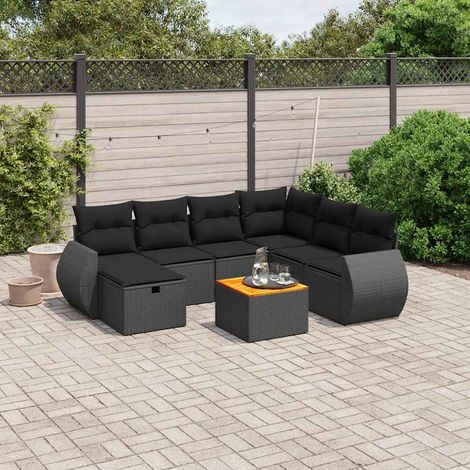 Salon de jardin 8 pièces avec coussins, résine tressée noire et table en bois d’acacia, 61.7kg - PANGIVO (1/4)