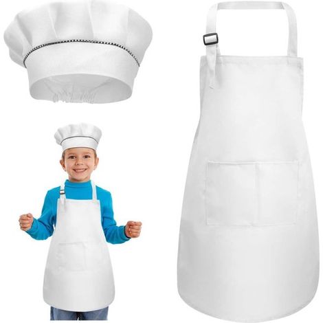 Verstellbare Kinderschürze mit Kochmütze und 2 Taschen zum Kochen, Malen und Basteln (7–13 Jahre), Weiß (1/5)