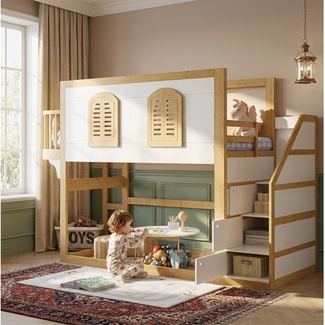 Cama alta infantil de 90x200 cm con escalera de almacenamiento, somier de láminas, color blanco y madera natural (1/5)