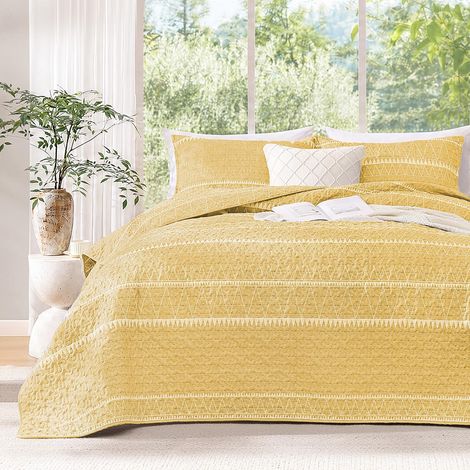 Parure de lit 3 pièces 1 Couette imprimée Triangle rayé et 2 taies d'oreiller, Couvre-lit d'été bohème léger réversible en Microfibre pour très Grand lit 269,2 x 243,8 cm, Jaune (1/5)