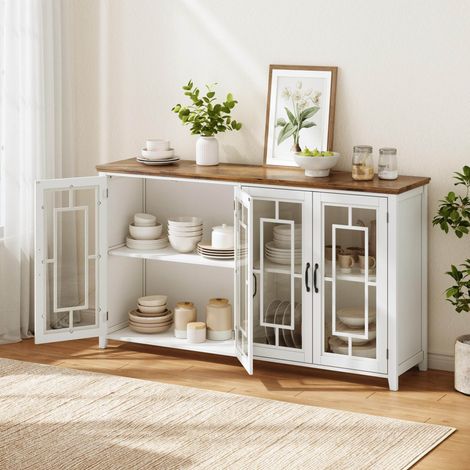 Aparador de cocina blanco de 160 cm con puertas de cristal y tablero efecto madera OKWISH (1/5)