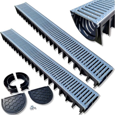 Kit complet de 2 caniveaux ACO LINE ECO 100 cm – Grille en acier galvanisé A15 – Pour drainage extérieur – Accessoires inclus