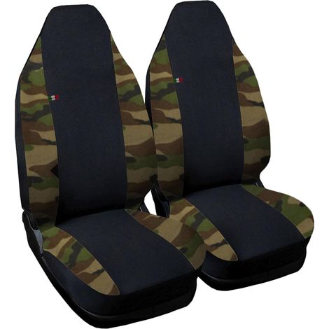 Lupex shop - Coppia coprisedili anteriori per auto Smart.3s (W452), Made In Italy, con copri poggiatesta, tessuto poliestere, Senza logo, colore - Nero\Mimetico classico (1/3)