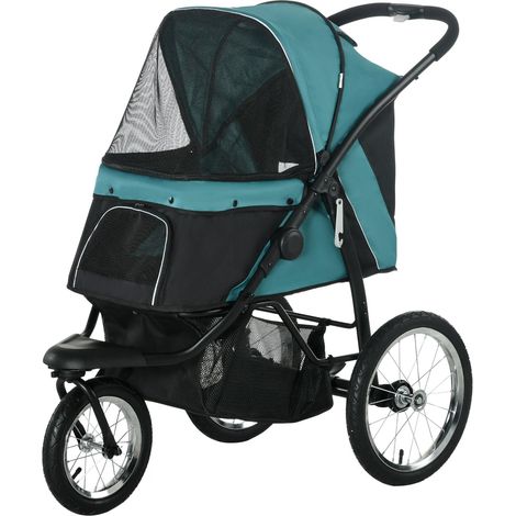 Hundewagen Hundebuggy klappbar für Hunde & Katzen bis 20 kg Katzenbuggy mit geländegängige Gummiräder Kissen Netzfenstern Türen Katzenwagen mit Aufbewahrungskorb Buggy Dunkelgrün Aosom