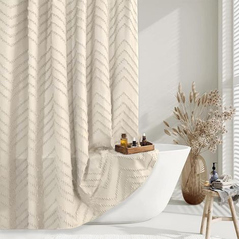 Rideau de douche beige bohème – 183 x 183 cm – Style bohème moderne inspiré des fermes champêtres, avec un motif à chevrons capitonné – Tissu tissé beige/crème simple et ravissant (1/5)