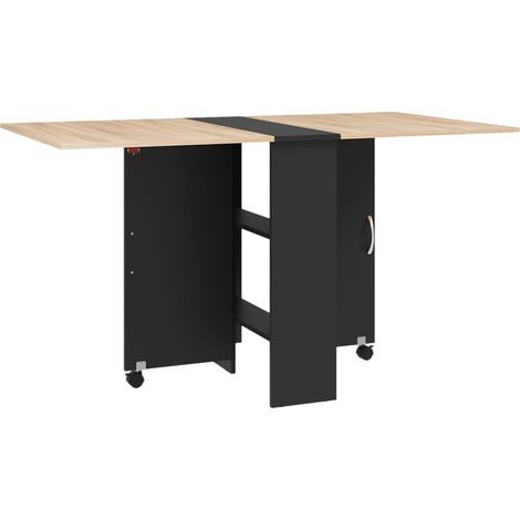 Folding Dining Table, Drop Leaf Table with 2-Tier Shelves, Rolling Casters, for Small Spaces, Kitchen, Oak and Black (1/5)