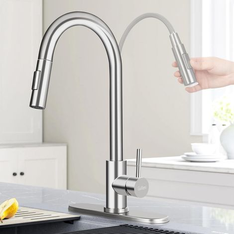 Rubinetto da cucina moderno anti-schizzo - Facile installazione con doccetta estraibile - Rubinetto per lavello in acciaio inox con piastra di copertura - Testina di ricambio antiruggine (1/5)
