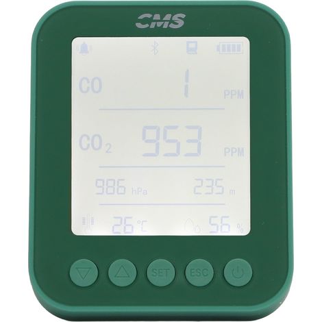 Moniteur de qualité de l'air 6 en 1 : mesure en temps réel du CO₂, de la pression atmosphérique, de l'altitude, de la température et de l'humidité. Connexion USB verte. (1/5)