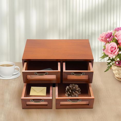 Mini boîte de rangement de bureau avec 4 tiroirs, armoire de rangement de pharmacien en bois vintage, armoire de catalogue de cartes, brun foncé, 30 18 15cm (1/5)