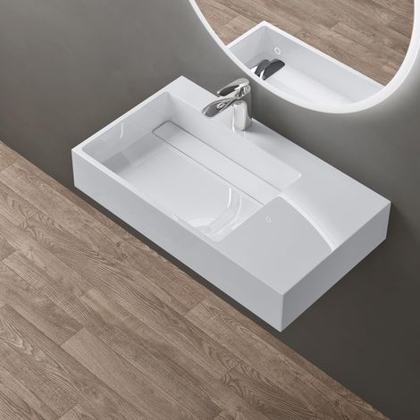 doporro Lavabo Bagno Sospeso Lavabo da Appoggio Rettangolare in Marmo Resina Bianco Lucido, Vasca a Sinistra 75x43x14 cm con 1 Foro Rubinetto e Piletta Scarico, Colossum12