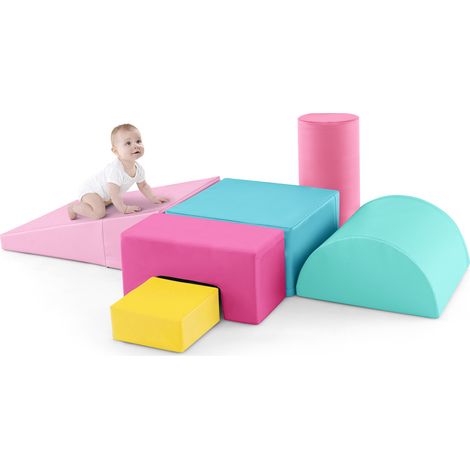 Ensemble 6 blocs d'escalade en mousse rose avec revêtement PU doux et design empilable pour salon, chambre et aire de jeux (1/5)