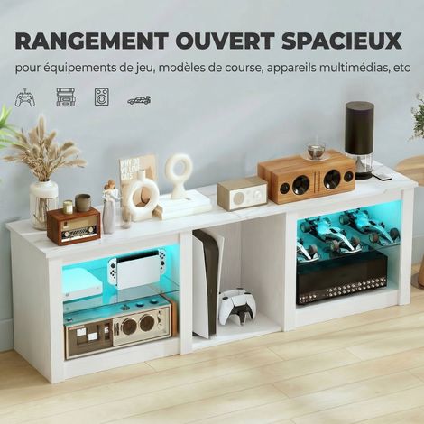 Meuble TV avec éclairage LED pour télévision jusqu'à 70 pouces, 160cm avec étagères en verre réglables, blanc (1/5)