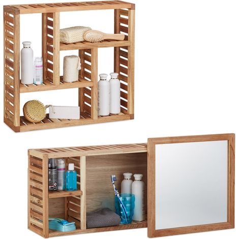 Juego 2 estantes baño nogal, estantería pared 5 compartimentos, armario baño con espejo, madera natural aceitada (1/5)