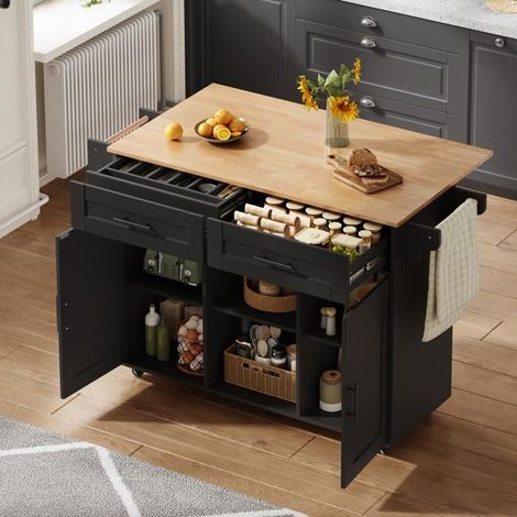 Îlot de cuisine - Mobile multifonctionnel - Plan pliable - Étagères réglables - Tiroir dissimulé