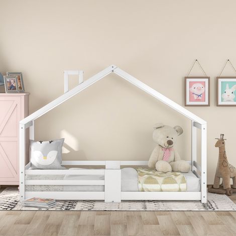Letto per bambini, 90 x 200 cm, con rete a doghe, protezione anticaduta, in legno di pino, bianco (1/5)