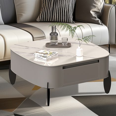 UNHO Rounded Square Sintered Stone Coffee Table Microfiber Saddle Leather (1/5)