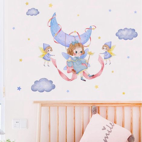Lot de 2 stickers muraux nuage, lune et étoiles, déco féerique pour chambre, papier peint adhésif, autocollant mural, fond de mur, décoration d'intérieur (1/5)