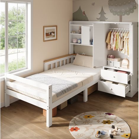 Lit enfant 90x200 cm en bois avec armoire, tiroirs et étagères ouvertes, rangement gain de place, blanc (1/5)
