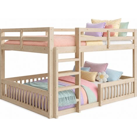 Letto a castello 160x200 cm a 2 posti letto in legno di pino e MDF con sponde di protezione, per camera da letto e stanza ragazzi, colore naturale - CHICFURN (1/5)