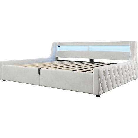 Cama con canapé 140 x 200 cm en franela beige con cabecero LED y almacenaje hidráulico - MODENUIT (1/5)