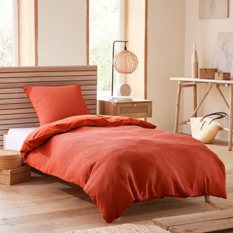Parure de couette "Nid d'abeille" 140 x 200 pour lit 1 place - Nid d'abeille Terracotta - Nid d'abeille Terracotta - (1/3)