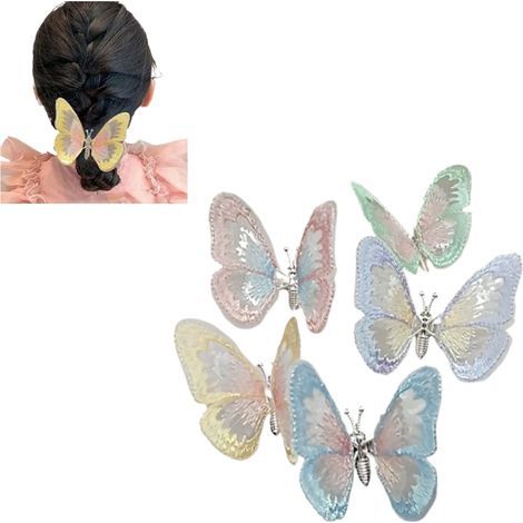 Five-piece butterfly hair clip set, five colors: blue, purple, pink, green, and yellow. (1/4)