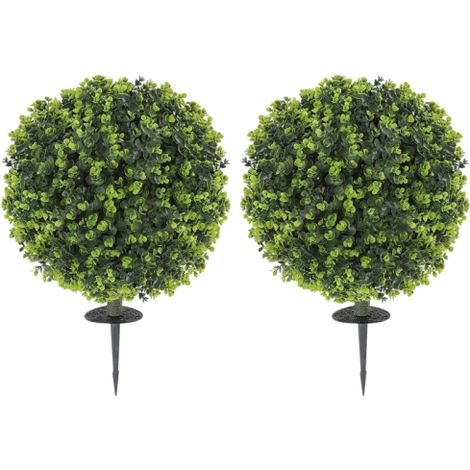 Kit da 2 piante artificiali a forma di sfera: bosso sintetico con stelo di fissaggio per terreno, uso interno ed esterno, resistente ai raggi UV, verde brillante