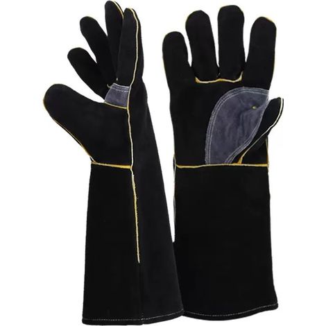 Gants de soudeur noirs en cuir de vachette, manches longues, résistants à la chaleur et aux étincelles, pour soudage, barbecue, cheminée (1/5)