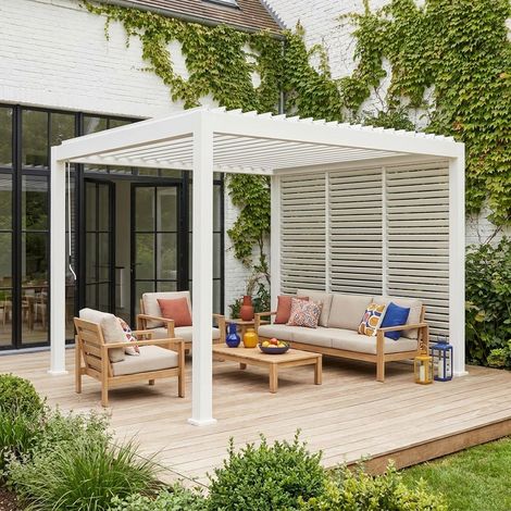 Pergola bioclimatique aluminium 3x3 m V2 lames orientables + 3 persiennes TRIOMPHE blanc (1/5)