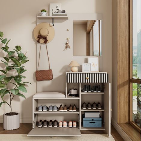 Mueble zapatero con espejo y asiento acolchado, MDF, 110 x 37 x 185,5 cm, beige y gris HAVRYA (1/5)