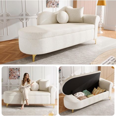 Chaise longue multifonctionnelle avec rangement, 134 cm, design moderne, dossier ondulé, tissu peluche, coussin d'assise haute densité avec coussin lombaire et coussin cervical.