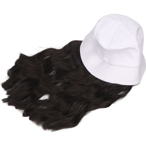 Perruque Ondulée Courte Cheveux Noir Marron, Chapeau Amovible Blanc, Fibre Haute Température, Bonnet Capillaire Femme (1/5)