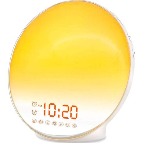 Réveil lumineux intelligent, simulation du lever et du coucher du soleil, fonction snooze, 7 effets sonores naturels, radio-réveil FM.