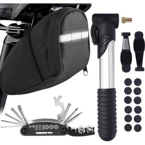 JSSEVN - Bicycle tool kit, saddlebag with bicycle pump and puncture repair kit, multi-functional tool set (1/5)