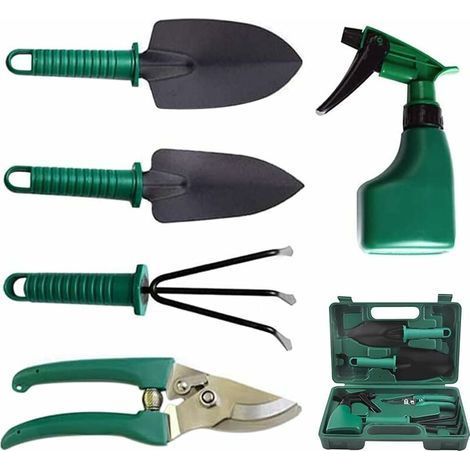 Kit de herramientas de jardín, 5 piezas de herramientas de jardinería de acero inoxidable con tijeras de podar, palas, trasplantador, rastrillo de mano, regadera y caja de herramientas para mujeres, h (1/5)
