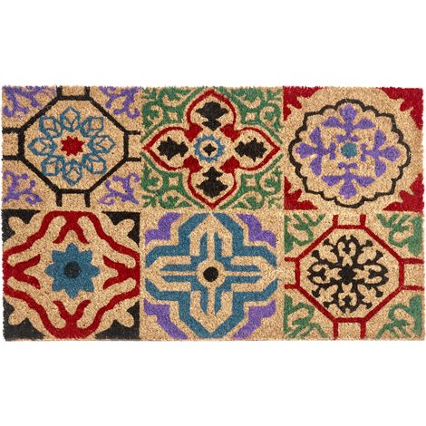 Felpudo antideslizante 45 x 75 cm con dorso de PVC motivo abstracto patrón ornamental multicolor de fibra de coco natural Naukati
