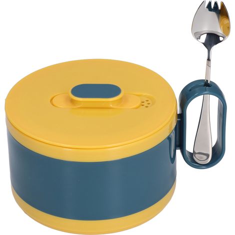 Bol à ramen en acier inoxydable à double isolation avec couvercle, idéal pour les employés de bureau et les étudiants (bol bleu marine pour restauration rapide + cuillère en acier inoxydable 304). (1/5)