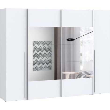 Armoire NARAGO - Décor Blanc mat - 2 portes coulissantes + miroir + 2 portes battantes + 2 penderies - L270 x P61 x H210 cm (1/5)