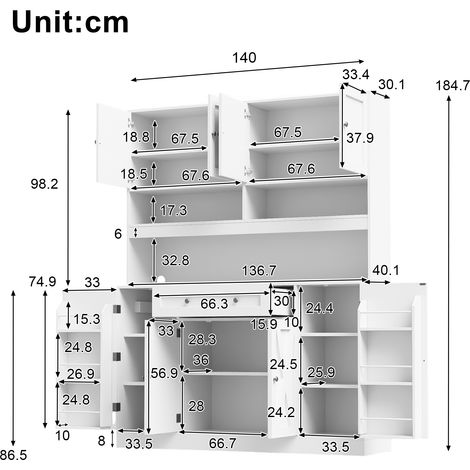 Buffet, avec tiroirs, étagères réglables, 140 x 40 x 185 cm, MDF, blanc (1/5)