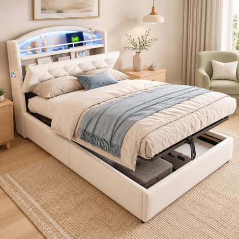 Letto singolo per bambini 90x200 cm con LED, USB, contenitore, beige, senza materasso (1/5)