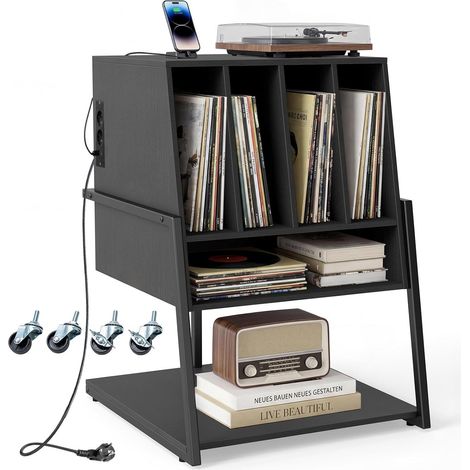 Meuble Platine Vinyle avec Prise jusqu'à 180 Vinyle, 4 roulettes, Étagères, 5 Compartiments, Support Tourne Disque pour CD, DVD, Manga, Livres, Noir (1/5)