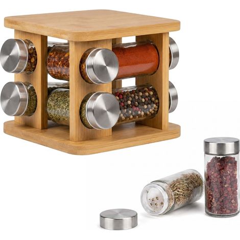 Relaxdays Spice Carousel, 8 spice jars, 360° rotating bamboo spice rack, HWD: 15 x 17 x 17 cm, natural (1/5)