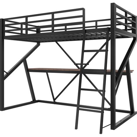 Cama alta 90 x 200 cm de metal negro con escritorio, LED, barandilla y escalera (1/5)