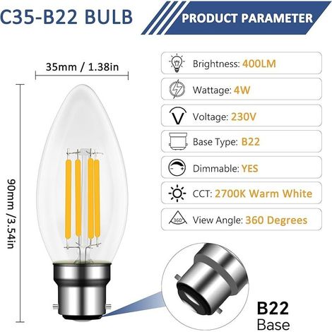Ampoule LED à Baïonnette B22 Bougie, 4W Équivalent Incandescente/Halogène 40W, Dimmable, Blanc Chaud 2700K, 400LM, AC 230V, C35 Filament Vintage, pour Lustres, Plafonnier, Applique, Lot de 4 (1/5)
