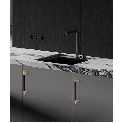 Juego de 2 tiradores para muebles de cocina, en aleación de aluminio negro y dorado, distancia entre agujeros de 128 mm, con tornillos, adecuados para cajones de escritorio (1/5)