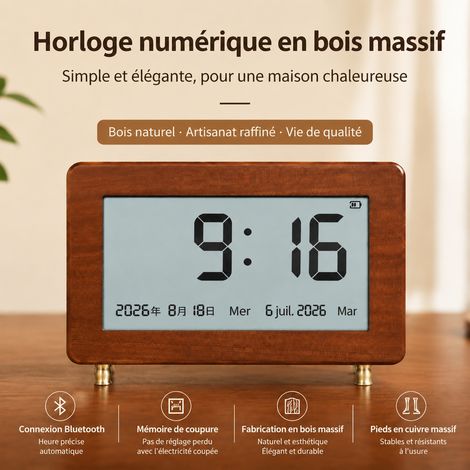 Horloge de table en bois massif S200 écran LCD réveil Bluetooth calendrier coffret cadeau 25 × 18 × 8 cm 1,2 kg – Livraison gratuite (1/5)